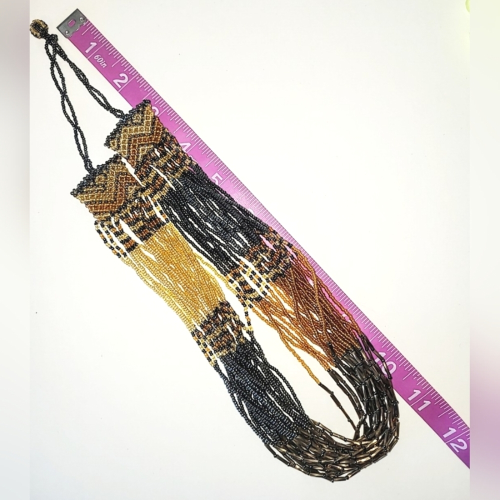 HANDMADE SEED BEAD & BUGLE BEAD MULTI-STRAND NECKLACE - SHADES OF GOLD & BRONZE - Picture 6 of 7